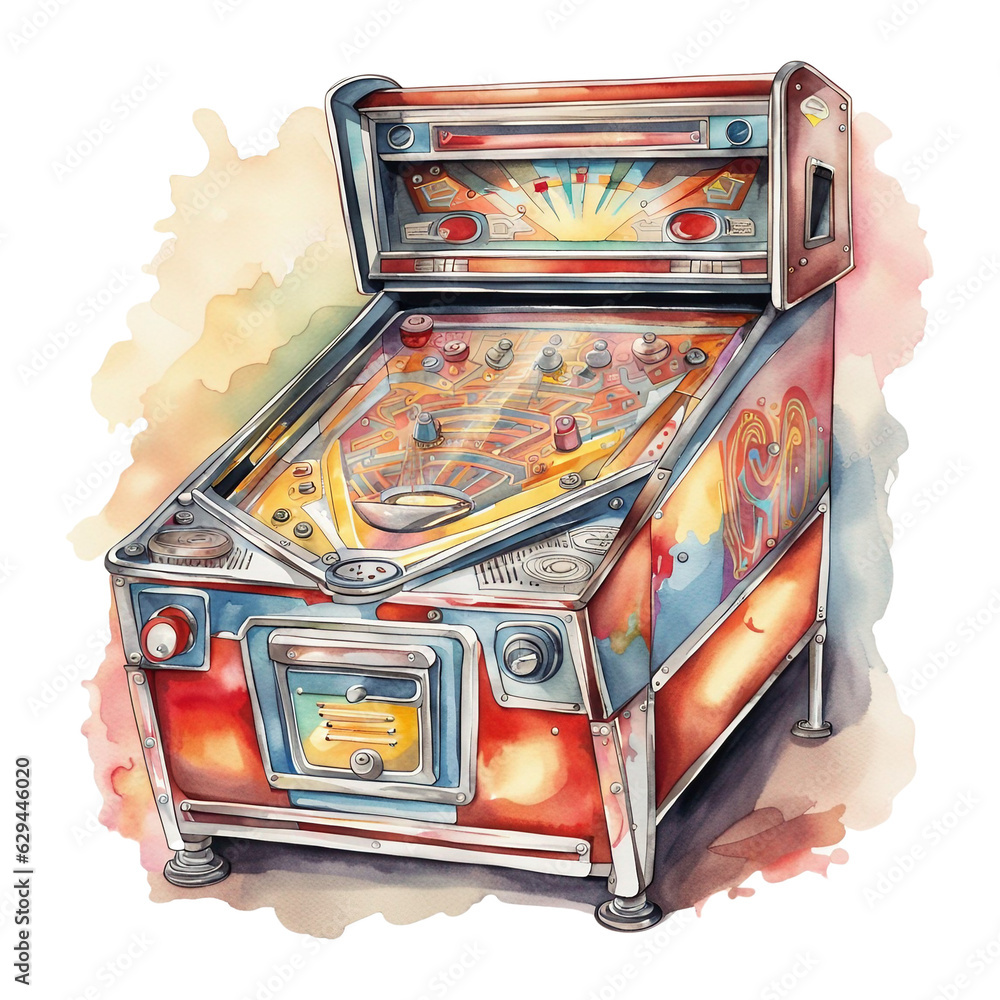 Old Retro Pinball Machine Toy, PNG Clipart Image, Vintage Painted Watercolor Art, Generative AI Old Retro Pinball Machine Toy, PNG Clipart Image, Vintage Painted Watercolor Art, Generative AI