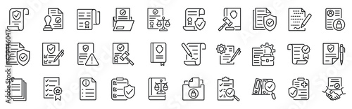 Set of outline icons related to policy, law, legal. Linear icon collection. Editable stroke. Vector illustration