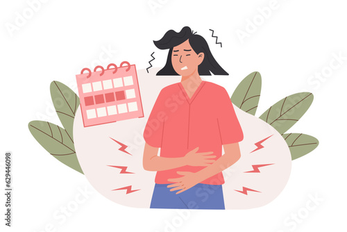 Painful menstruation concept trendy flat illustration. Uterus inflammation, endometriosis. Young female having an abdominal pain composition with menstrual calendar. Monthly women cycle. Gynecology.
