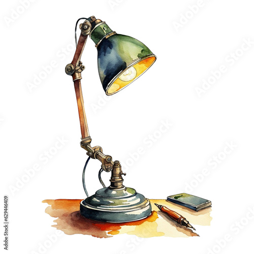 Old Retro Desk Lamp, PNG Clipart Image, Vintage Painted Watercolor Art, Generative AI photo