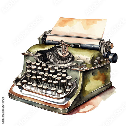Old Retro Typewriter, PNG Clipart Image, Vintage Painted Watercolor Art, Generative AI