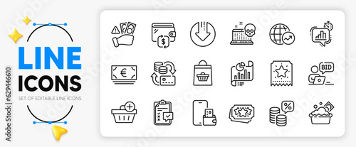 Loyalty points, Report document and Phone wallet line icons set for app include Launder money, World statistics, Checklist outline thin icon. Euro currency, Add purchase. Vector
