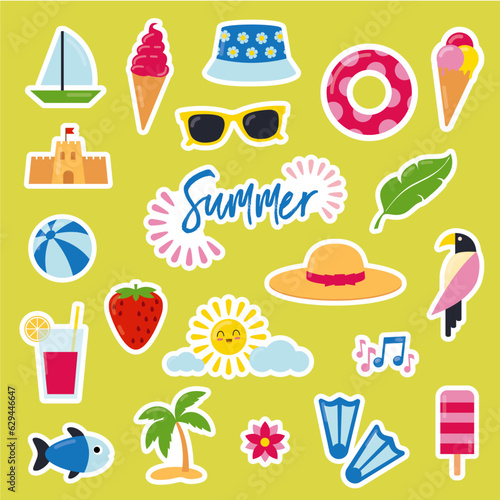 Pack of colorful and cute summer themed stickers for kids. Vector illustrations of beach  ice cream  sea  sun  parrot  cocktail... Separate elements on green background