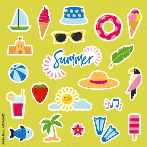 Pack of colorful and cute summer themed stickers for kids. Vector illustrations of beach, ice cream, sea, sun, parrot, cocktail... Separate elements on green background