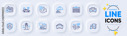 Parking garage, Car and Inventory cart line icons for web app. Pack of Delivery service, Taxi, Inventory report pictogram icons. Parking security, Lighthouse, Package protection signs. Vector