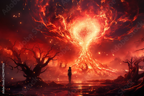 Back view of silhouette of lonely woman in torn dress walking in burning forest against backdrop of flaming tree. Hell, inferno illustration concept
