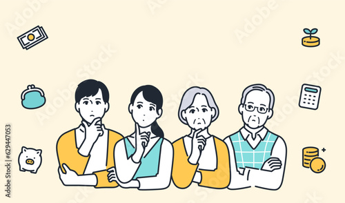 お金について考える家族のシンプルなベクターイラスト素材