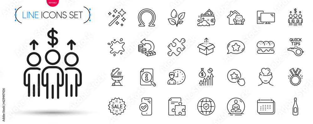 Pack of Strategy, Global insurance and Burger line icons. Include Search, Mental health, Send box pictogram icons. Computer, Magic wand, Sale signs. Dirty spot, Plants watering, Calendar. Vector
