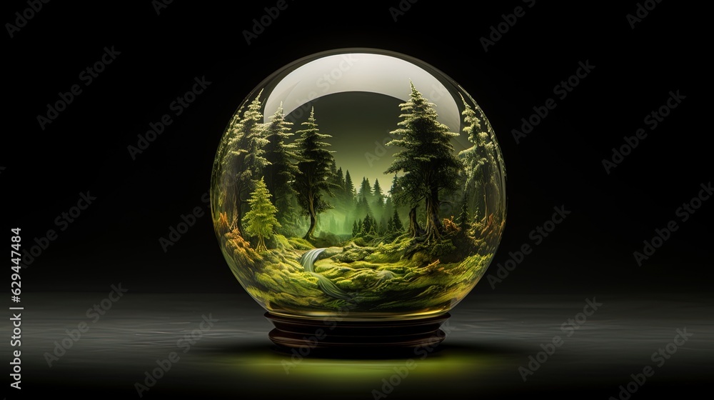 Glass ball with a forest inside, generated by AI