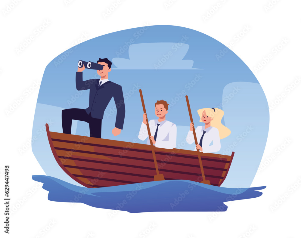 Businessman boss with team sailing on boat, looks forward through binoculars, vector leadership in business crisis Businessman boss with team sailing on boat, looks forward through binoculars, vector leadership in business crisis