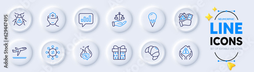 Croissant, Software bug and Buying house line icons for web app. Pack of Analytical chat, Ice cream, Justice scales pictogram icons. Gift box, Brain working, Hot offer signs. Vector