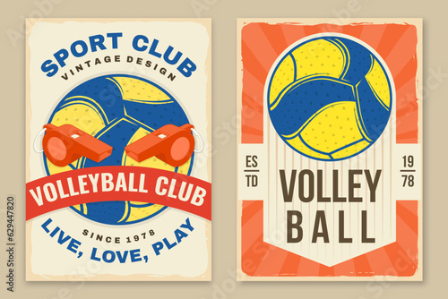 Set of Volleyball club retro poster, banner design. Vector illustration. For college league sport club emblem, sign, logo. Vintage retro poster, banner design with volleyball ball, player silhouettes.