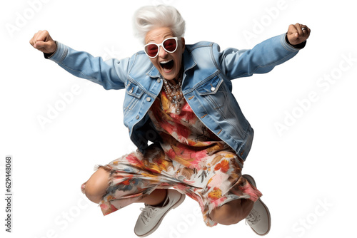 Full Body of an Elderly Woman Jumping for Joy on a Transparent Background. AI photo