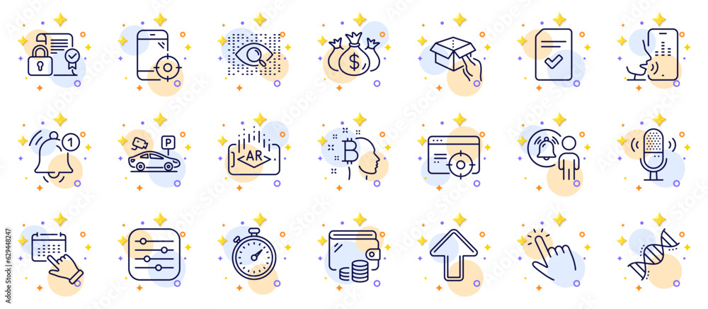 Outline set of Event click, Chemistry dna and Bitcoin think line icons for web app. Include Hold box, Artificial intelligence, Checked file pictogram icons. Wallet, Augmented reality. Vector Outline set of Event click, Chemistry dna and Bitcoin think line icons for web app. Include Hold box, Artificial intelligence, Checked file pictogram icons. Wallet, Augmented reality. Vector