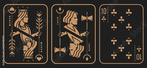 Set of playing card 10, queen, jack. Vector illustration. Esoteric, magic Royal playing card 10, queen, jack design collection. Minimalist style