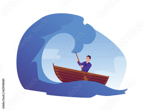 Business man sailing forward on huge wave  risk management  strategy in financial crisis storm vector flat illustration