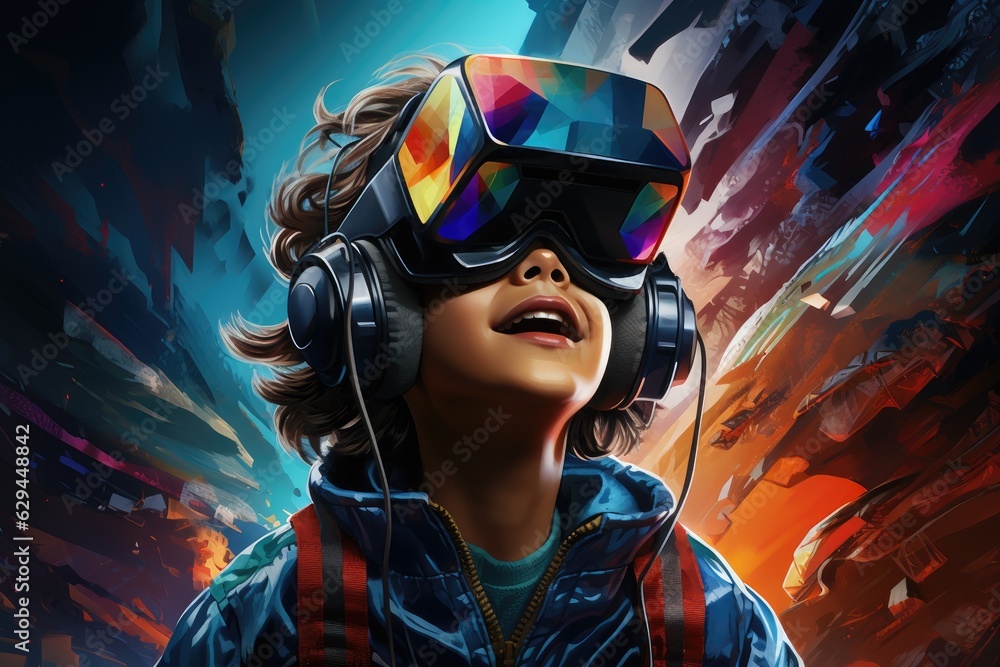 Boy wearing VR headset user, surreal world and virtual reality, colorful flowers fields. Generative AI Boy wearing VR headset user, surreal world and virtual reality, colorful flowers fields. Generative AI