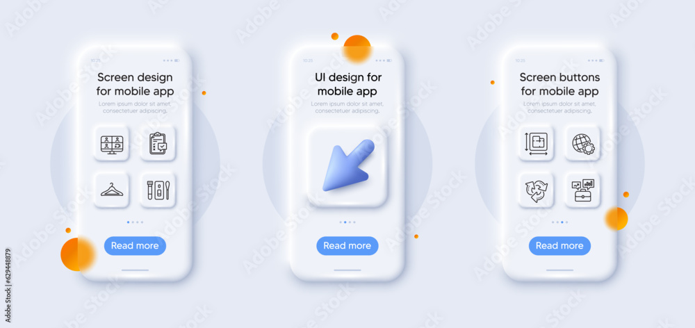 Recycle, Globe and Cloakroom line icons pack. 3d phone mockups with cursor. Glass smartphone screen. Business portfolio, Video conference, Covid test web icon. Floor plan, Checklist pictogram. Vector Recycle, Globe and Cloakroom line icons pack. 3d phone mockups with cursor. Glass smartphone screen. Business portfolio, Video conference, Covid test web icon. Floor plan, Checklist pictogram. Vector