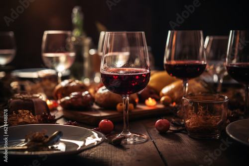 Indoor table with wine bottle, glass, fresh fruit, and tableware.