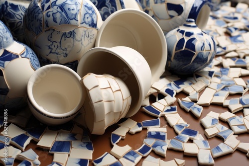 chipped ceramic pieces arranged for reassembly photo