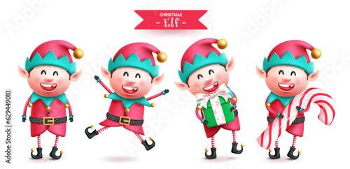 Christmas elf characters vector set design. Christmas elves character holding candy cane and gift giving standing poses. Vector illustration elf character collection.
