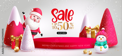 Christmas sale podium vector banner design. Merry christmas and happy new year greeting text with santa claus and snow man characters in stage podium background. Vector illustration product display 