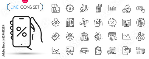 Pack of Accounting, Loan percent and Change money line icons. Include Diagram chart, Discounts calendar, Wallet pictogram icons. Payment, Sale, Rise price signs. Discount, Discounts app. Vector