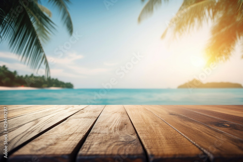 A wooden table with a stunning beach view of a paradise resort, perfect for relaxation and vacation. Generative AI.