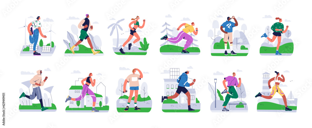 Jogging, running people set. Active healthy runners, joggers training in city park, nature. Sport men, women, athletes exercising outdoors. Flat vector illustrations isolated on white background Jogging, running people set. Active healthy runners, joggers training in city park, nature. Sport men, women, athletes exercising outdoors. Flat vector illustrations isolated on white background