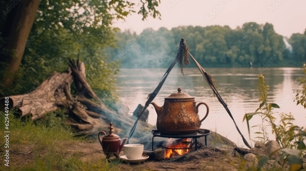 Tourists set up a camping camp on the bank of the river. Resting on the lake by the campfire. Tourists set up a camping camp on the bank of the river. Resting on the lake by the campfire.