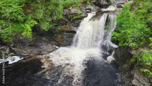 Falls Of Falloch from a drone, Waterfall on River Falloch, Crianlarich, Stirling, West Highland, Scotland, United Kingdom, Europe photo