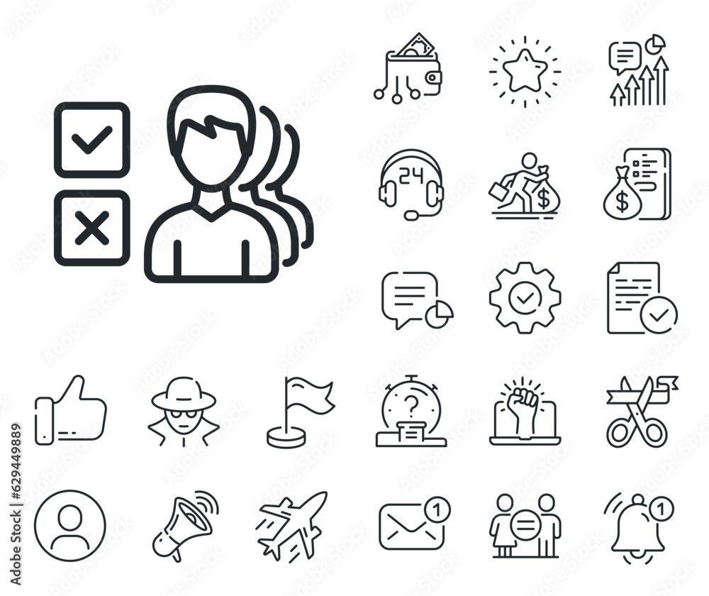 Select answer sign. Salaryman, gender equality and alert bell outline icons. Choice line icon. Business test symbol. Opinion line sign. Spy or profile placeholder icon. Online support, strike. Vector Select answer sign. Salaryman, gender equality and alert bell outline icons. Choice line icon. Business test symbol. Opinion line sign. Spy or profile placeholder icon. Online support, strike. Vector