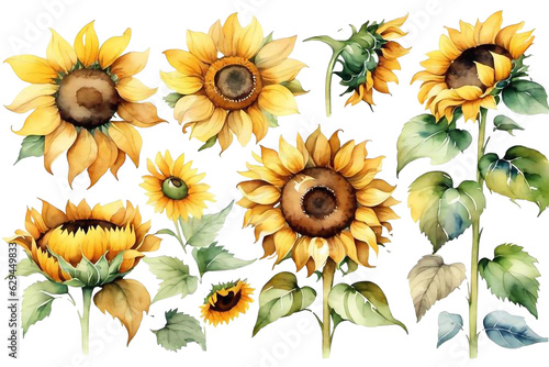 Watercolor sunflower bouquets with green leaves clipart  illustration transparent background, PNG  Generative AI