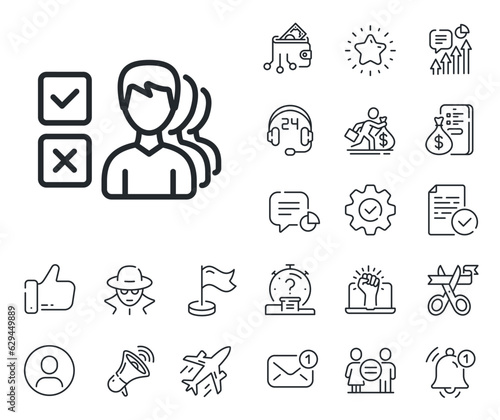 Select answer sign. Salaryman, gender equality and alert bell outline icons. Choice line icon. Business test symbol. Opinion line sign. Spy or profile placeholder icon. Online support, strike. Vector