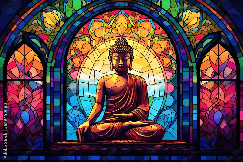 Illustration in stained glass style with buddha statue on colorful background.Generative Ai