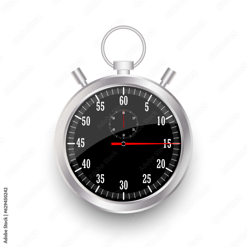Realistic classic stopwatch. Time counter with dial. Shiny metal chronometer. Countdown timer minutes and seconds. Vector illustration. Eps 10. Realistic classic stopwatch. Time counter with dial. Shiny metal chronometer. Countdown timer minutes and seconds. Vector illustration. Eps 10.