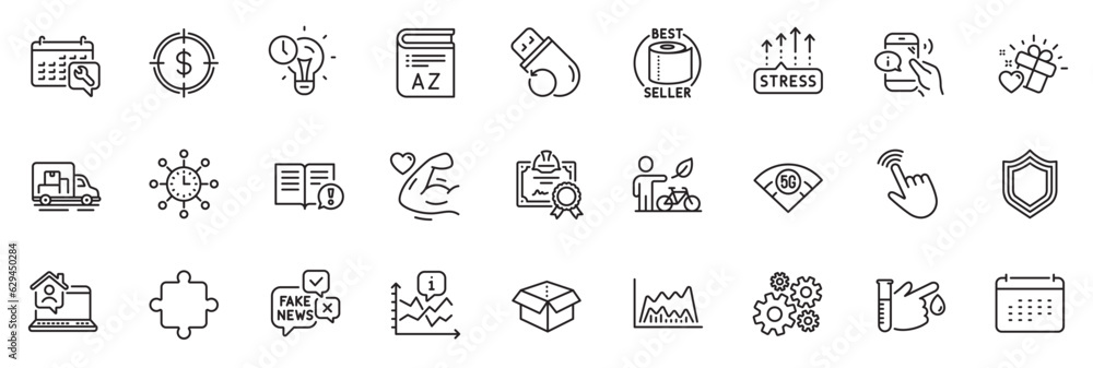 Icons pack as Dollar target, Flash memory and Strong arm line icons for app include Eco bike, Open box, Blood donation outline thin icon web set. Puzzle, Love gift, 5g wifi pictogram. Vector