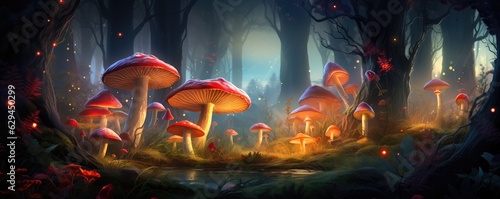 Magic mushroom pattern in fairy tale woods  nature wallpaper  panorama. Generative Ai.