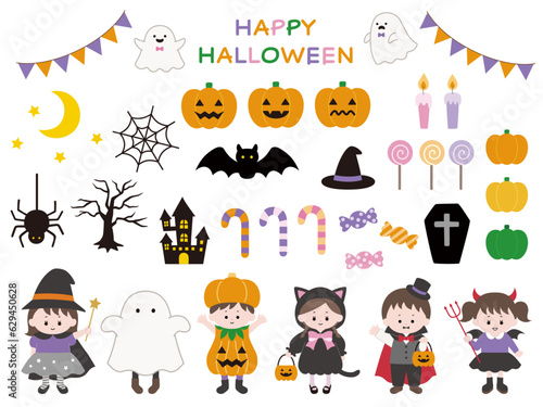 ハロウィンのかわいいベクターアイコンイラストセット 　ハロウィン、子供、仮装、10月、秋