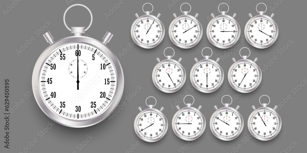 Realistic classic stopwatch. Time counter with dial. Shiny metal