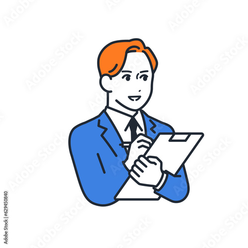 ヒアリングをする若いスーツの男性のシンプルなベクターイラスト素材