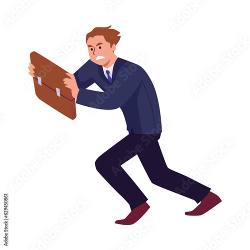 Business man resists strong wind with briefcase, don't give up, confident leader manager vector flat illustration