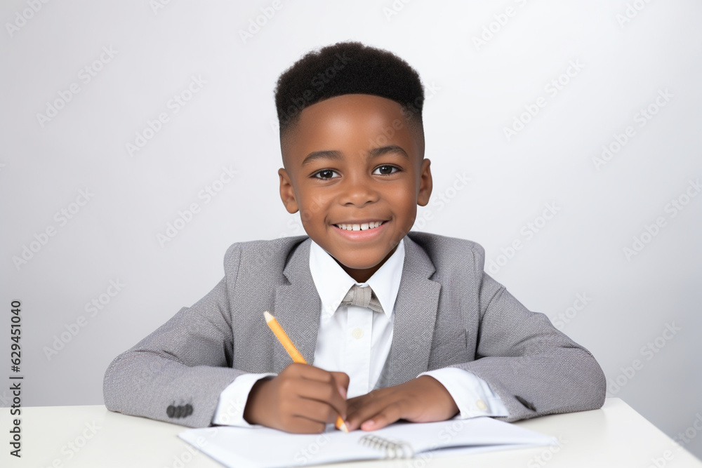 happy afroamerican school boy is sitting at the desk doing homework,white background. America. latino. illustration created with AI happy afroamerican school boy is sitting at the desk doing homework,white background. America. latino. illustration created with AI