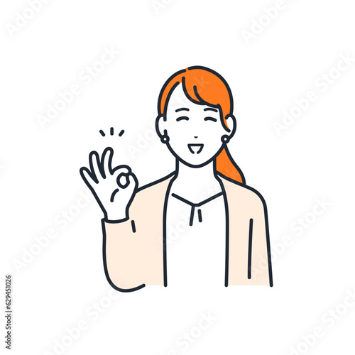 笑顔でOKサインをする若いビジネスウーマンのシンプルなベクターイラスト素材