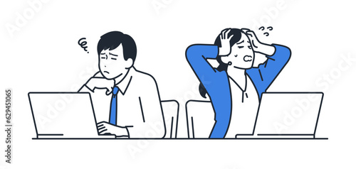 頭を抱えて悩む2人の会社員のシンプルなベクターイラスト素材