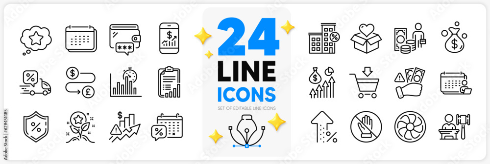 Icons set of Loyalty star, Mobile finance and Increasing percent line icons pack for app with Report timer, Checklist, Rise price thin outline icon. Accounting, Delivery discount. Vector Icons set of Loyalty star, Mobile finance and Increasing percent line icons pack for app with Report timer, Checklist, Rise price thin outline icon. Accounting, Delivery discount. Vector
