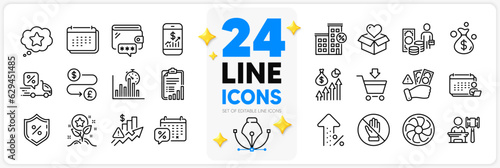 Icons set of Loyalty star, Mobile finance and Increasing percent line icons pack for app with Report timer, Checklist, Rise price thin outline icon. Accounting, Delivery discount. Vector