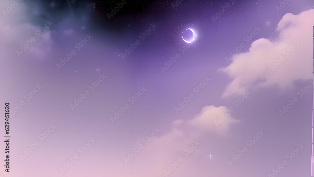 Illustrated design with crescent moon, stars and clouds in the purple sky, moonlight with a dreamy atmosphere. Generative AI