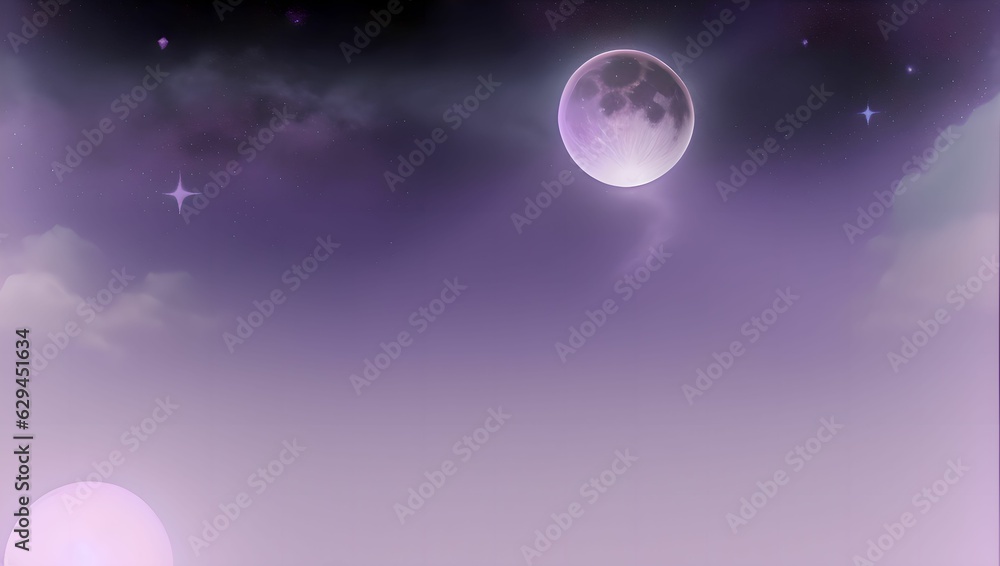 Illustrated design with full moon, stars and clouds in the purple sky. Generative AI