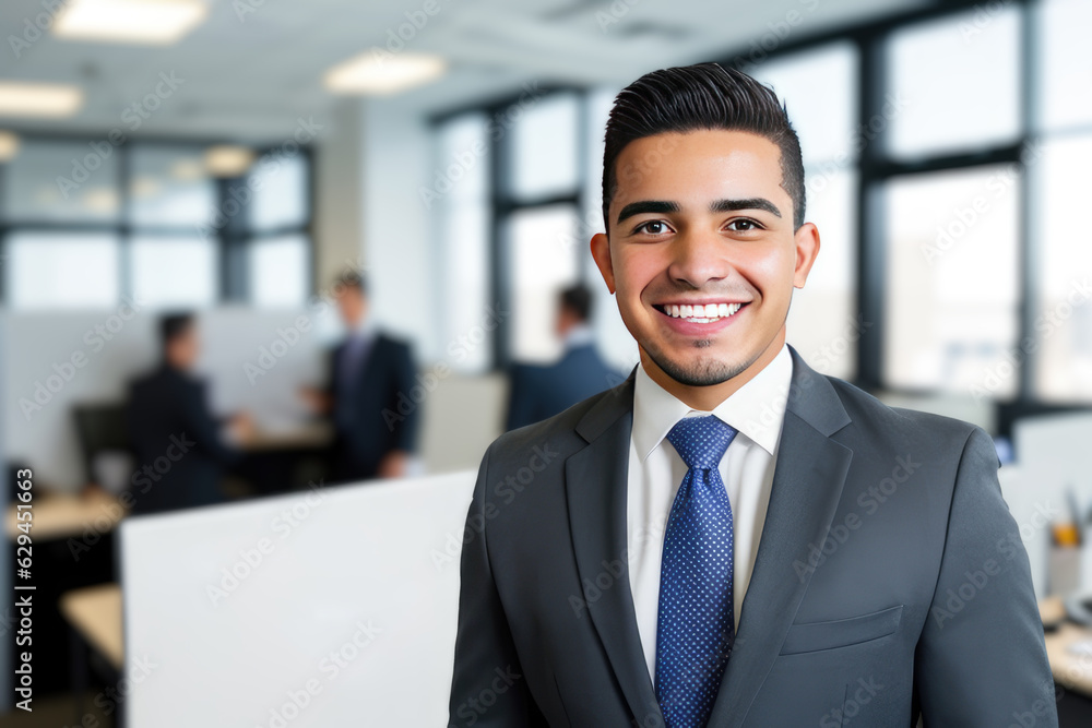 Young smart businessman, standing in blur background of office. generative AI Young smart businessman, standing in blur background of office. generative AI